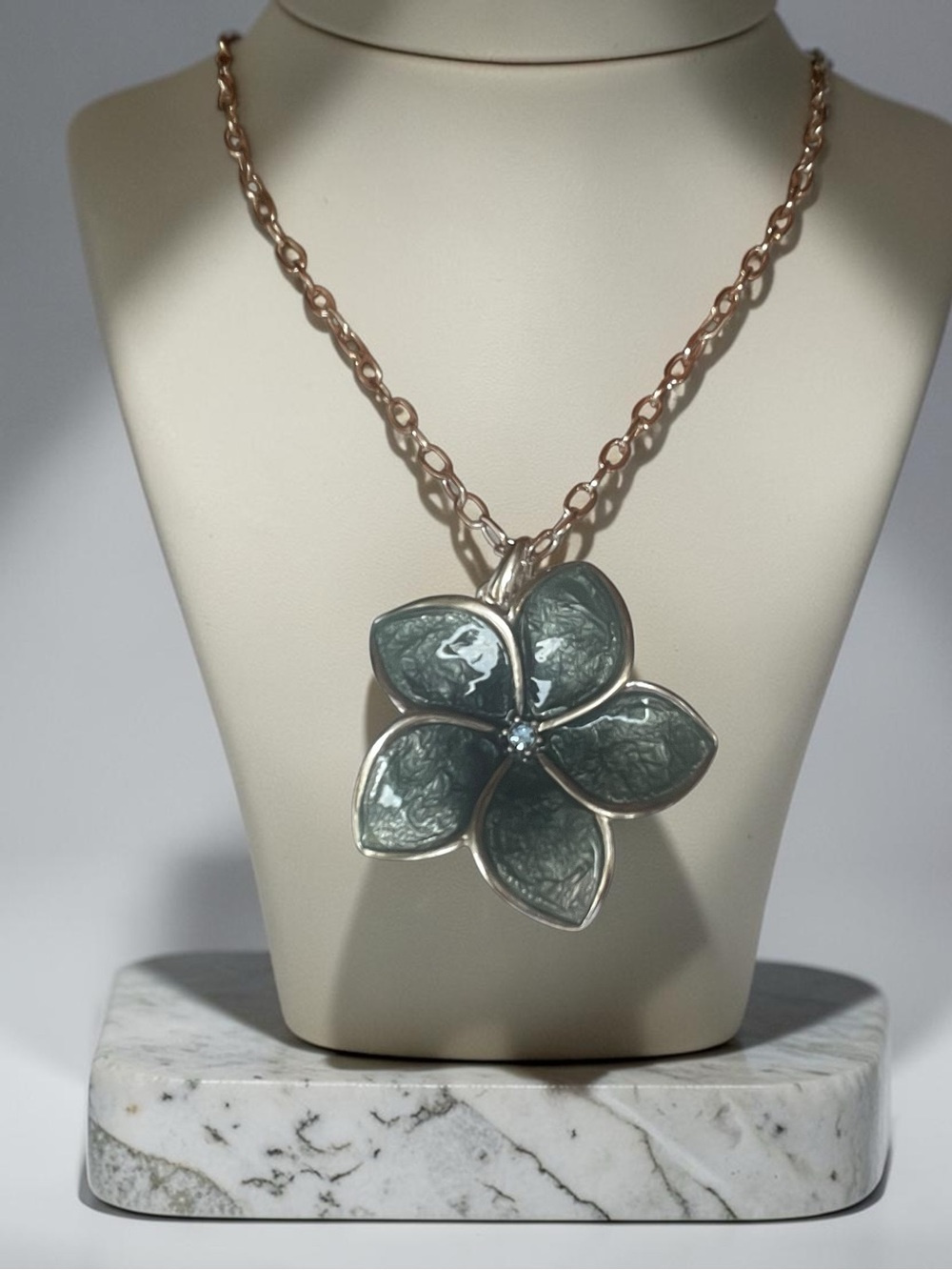 Large Blue Plumeria Flower Crystal  Center Statement Silver Tone Necklace